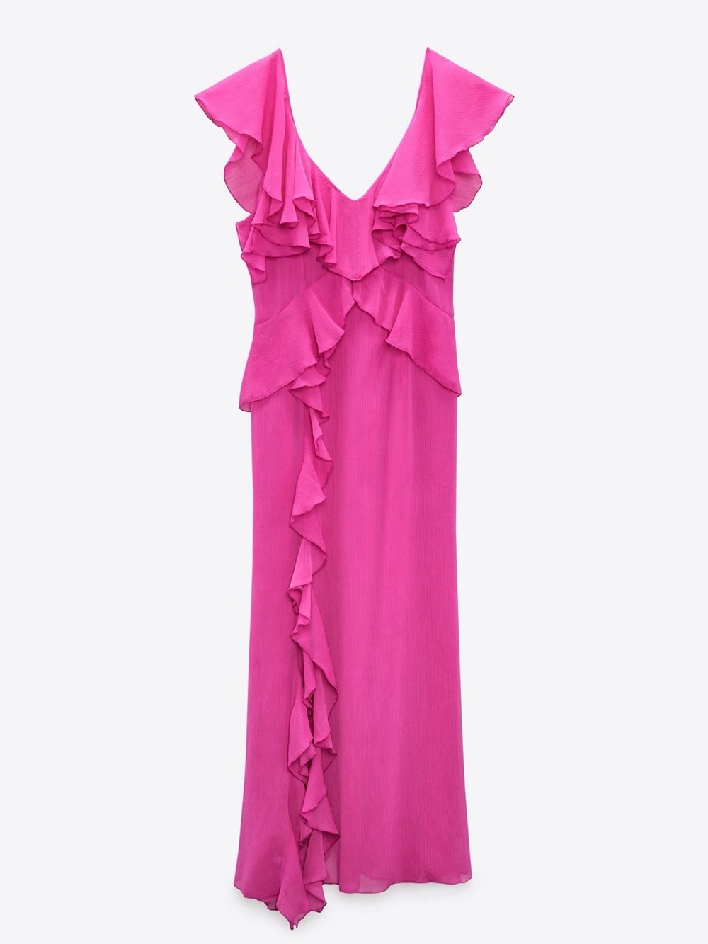 Zara Magenta Ruffle V-Neck Maxi Dress
